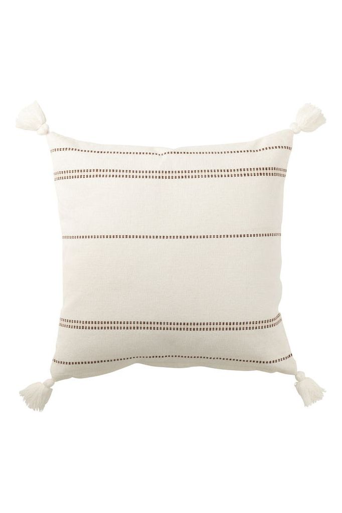 Coussin avec 4 Pompons en Coton Blanc/Marron