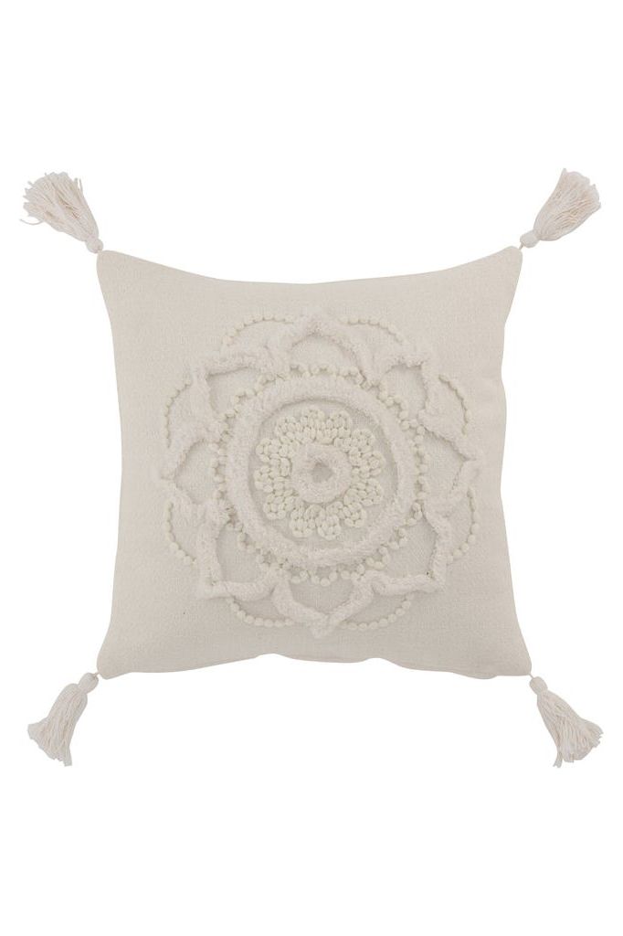 Coussin Fleur avec Pompons en Coton Blanc