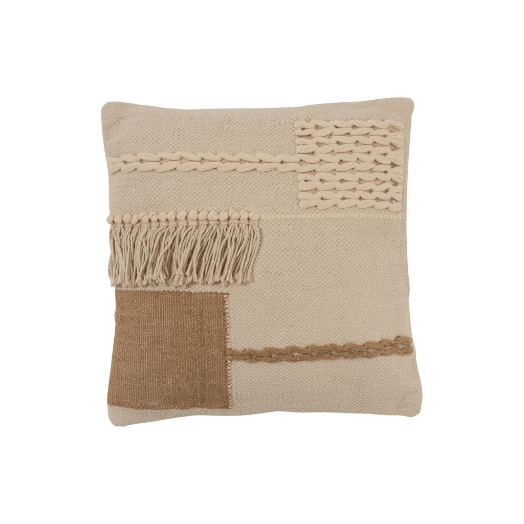 Square Fringed Cushion in Beige Cotton