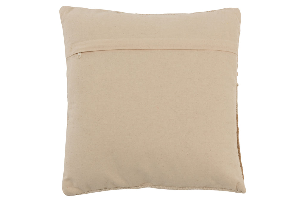 Square Fringed Cushion in Beige Cotton