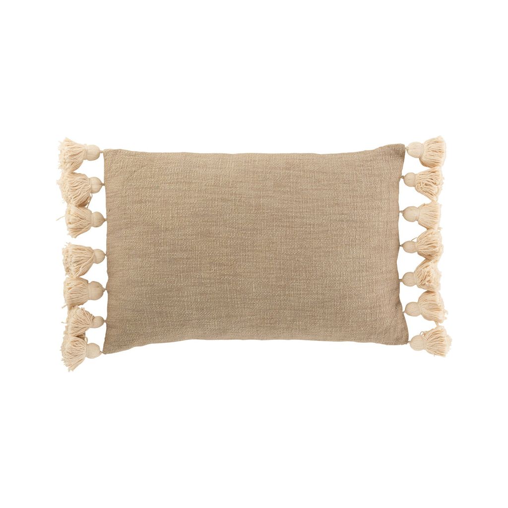 Rechteckiges Kissen mit Pompons aus taupefarbener Baumwolle/Polyester