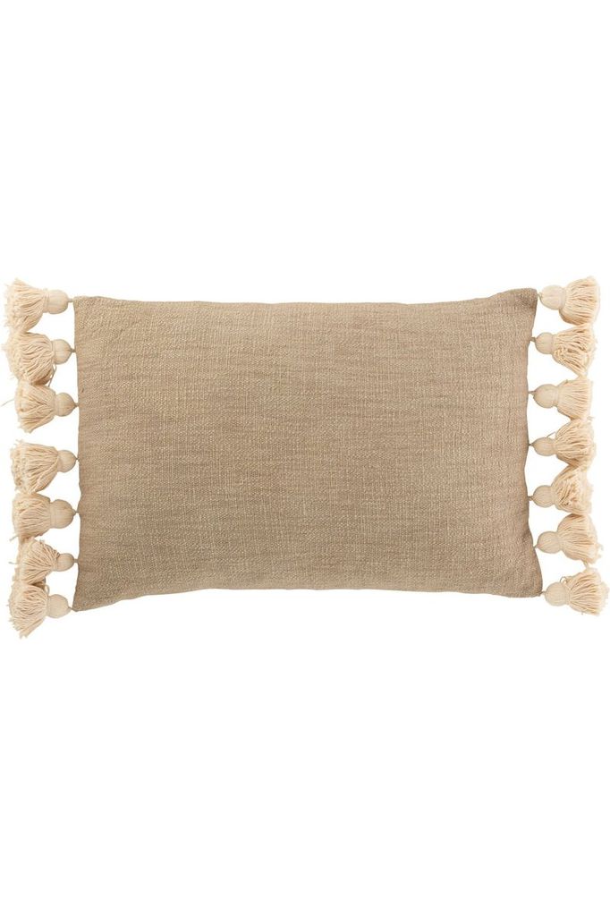 Coussin Rectangle avec Pompons en Coton/Polyester Taupe