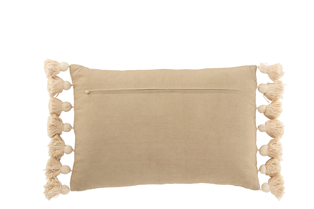 Rechteckiges Kissen mit Pompons aus taupefarbener Baumwolle/Polyester