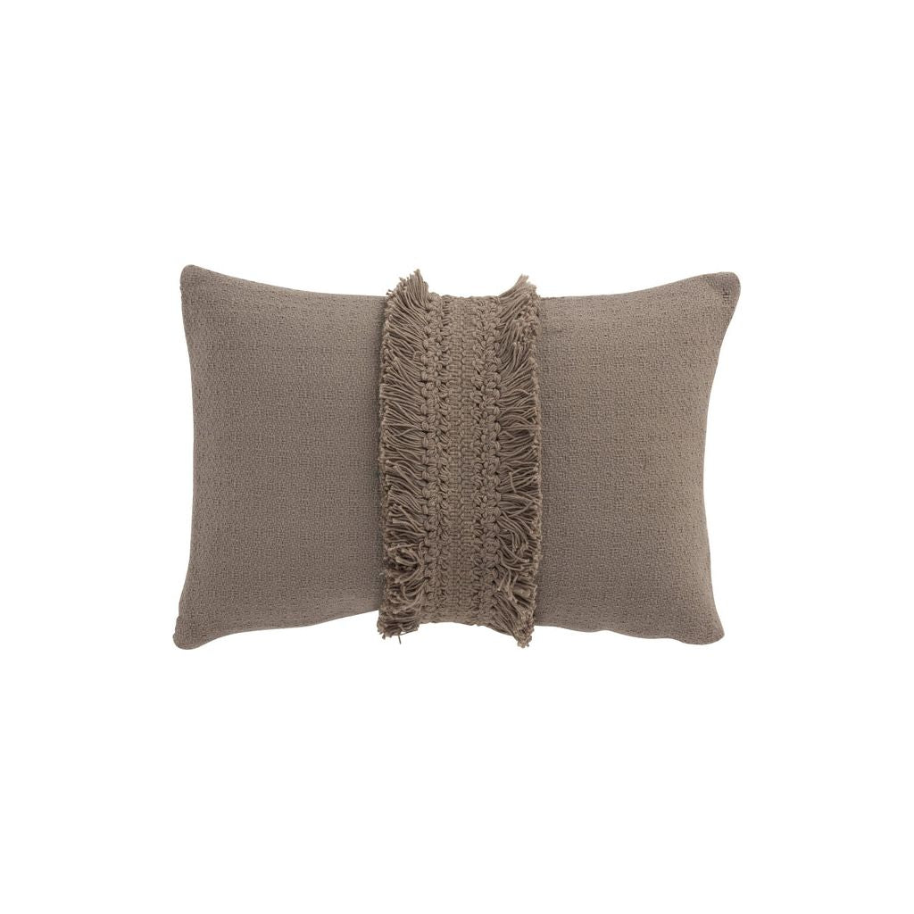 Rechteckiges Kissen mit Pomponband aus taupefarbener Baumwolle