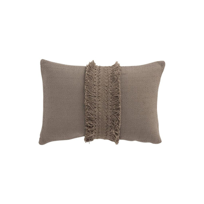 Coussin Rectangulaire avec Bande à Pompons en Coton Taupe