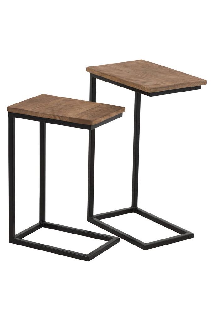 Set of 2 Rectangle Side Tables Metal/Black/Natural Wood