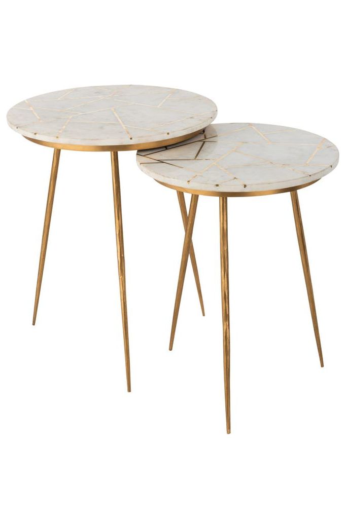 Ensemble de Deux Tables d'Appoint Marbre/Fer Doré/Blanc